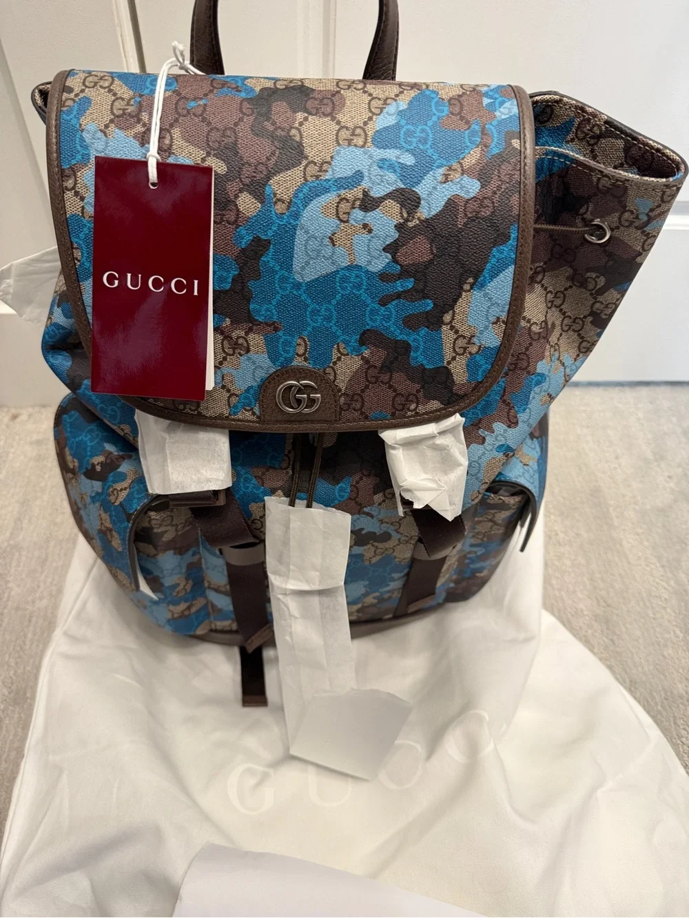 Gucci Blue and Brown Camo GG Canvas Backpack